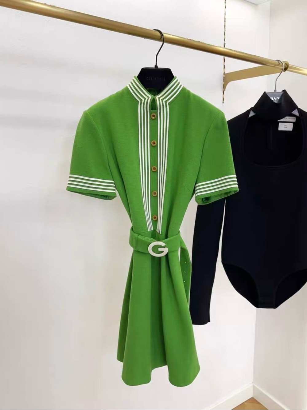 Gucci Lime Green Short-Sleeve Belted Mini Dress with White Trim